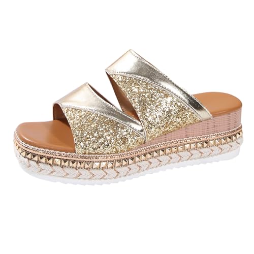 Generisch Glitzer Sandalen Damen Sommer Plateau Sandaletten Leicht Freizeit Strandschuhe Bohemia Sandals mit Strass Offene Zehen Freizeitsandale Elegant Hausschuhe Bequem Keilsandalen von Generisch