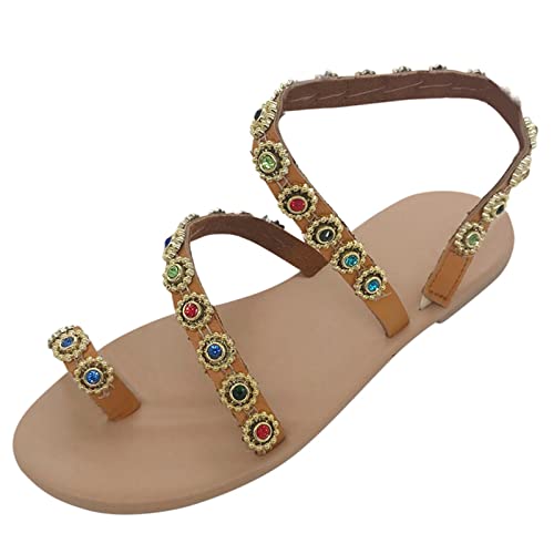 Generisch Glitzer Sandalen Damen Sommer Strass Elegant Flach Schuhe Flach Sandalette mit Strass Perlen Bohemia Bohemia Strand Mädchen von Generisch