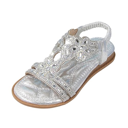 Generisch Glitzer Sandalen Mädchen Leder Sommer Elegant Flach Strass Schuhe Sommerschuhe Boho Bequem Sandalen für Mädchen Weichen Sohlen Gummiband Slingback Kinderschuhe Sandaletten Strandschuhe von Generisch