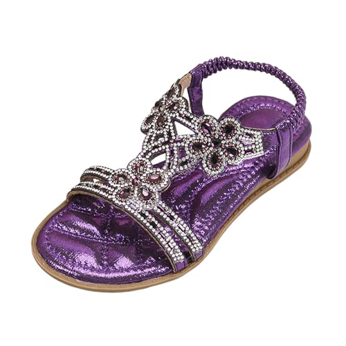 Generisch Glitzer Sandalen Mädchen Leder Sommer Elegant Flach Strass Schuhe Sommerschuhe Boho Bequem Sandalen für Mädchen Weichen Sohlen Gummiband Slingback Kinderschuhe Sandaletten Strandschuhe von Generisch