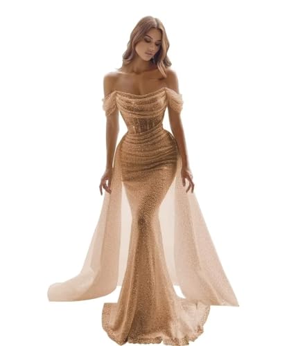 Generisch Glitzernde Meerjungfrau Ballkleider FüR Frauen Pailletten Schulterfrei Abnehmbare Schleppe Formelle Abendkleider Langes Nachlaufendes Ballkleid Brown XS von Generisch