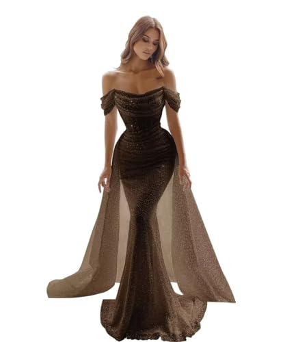 Generisch Glitzernde Meerjungfrau Ballkleider FüR Frauen Pailletten Schulterfrei Abnehmbare Schleppe Formelle Abendkleider Langes Nachlaufendes Ballkleid Chocolate 4XL von Generisch