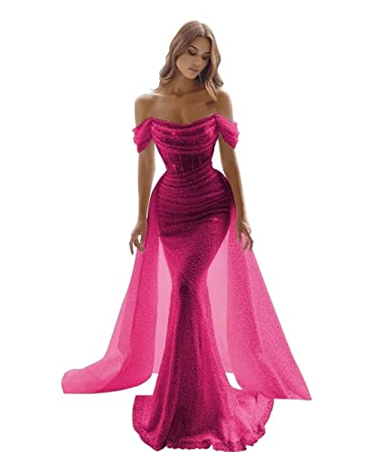 Generisch Glitzernde Meerjungfrau Ballkleider FüR Frauen Pailletten Schulterfrei Abnehmbare Schleppe Formelle Abendkleider Langes Nachlaufendes Ballkleid Hot Pink XS von Generisch