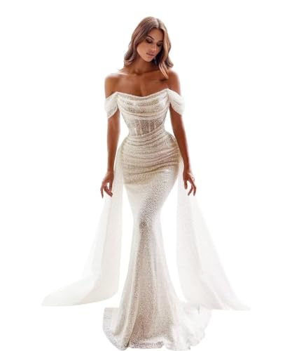 Generisch Glitzernde Meerjungfrau Ballkleider FüR Frauen Pailletten Schulterfrei Abnehmbare Schleppe Formelle Abendkleider Langes Nachlaufendes Ballkleid Ivory 8XL von Generisch