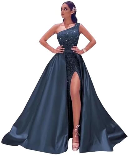 Generisch Glitzernde Meerjungfrau Ballkleider FüR Frauen Pailletten Schulterfrei Abnehmbare Schleppe Formelle Abendkleider Langes Nachlaufendes Ballkleid Navy Blue XS von Generisch