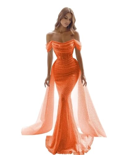 Generisch Glitzernde Meerjungfrau Ballkleider FüR Frauen Pailletten Schulterfrei Abnehmbare Schleppe Formelle Abendkleider Langes Nachlaufendes Ballkleid Orange S von Generisch