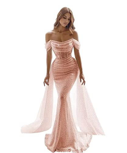 Generisch Glitzernde Meerjungfrau Ballkleider FüR Frauen Pailletten Schulterfrei Abnehmbare Schleppe Formelle Abendkleider Langes Nachlaufendes Ballkleid Rose Gold L von Generisch