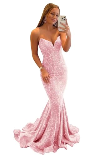 Generisch Glitzernde Pailletten V Ausschnitt Meerjungfrau Abschlussballkleider Lange trägerlose Formale Abendkleider Frauen Partykleider Pink L von Generisch