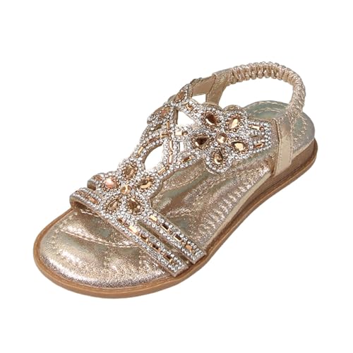 Generisch Gold Glitzer Sandalen Mädchen Sommer Schuhe Elegant Flach Strass Sommerschuhe Frauen Bequem Weichen Sohlen Damensandalen Gummiband Slingback Sandaletten Strandschuhe 2 3 7 8 11 10 9 Jahre von Generisch