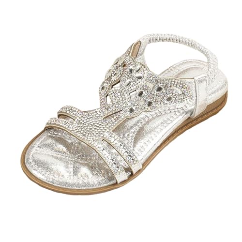 Generisch Gold Glitzer Sandalen Mädchen Sommer Schuhe Elegant Flach Strass Sommerschuhe Frauen Bequem Weichen Sohlen Damensandalen Gummiband Slingback Sandaletten Strandschuhe 2 3 7 8 11 10 9 Jahre von Generisch