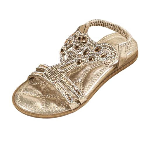 Generisch Gold Glitzer Sandalen Mädchen Sommer Schuhe Elegant Flach Strass Sommerschuhe Frauen Bequem Weichen Sohlen Damensandalen Gummiband Slingback Sandaletten Strandschuhe 2 3 7 8 11 10 9 Jahre von Generisch