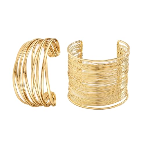 Generisch Gold Manschettenarmbänder für Damen, 2 Stück Offen breite Manschetten Armbänder Verstellbar Gold Offener Armreif Armband für Frauen Mädchen (Gold Armreif Set 2) von Generisch