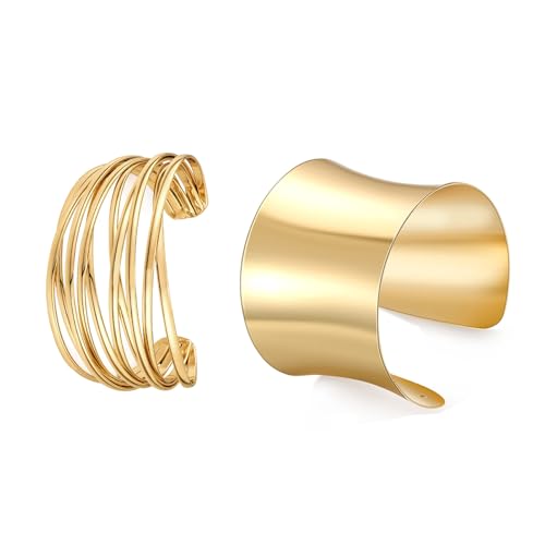 Generisch Manschettenarmbänder für Damen, 2 Stück Offen Breite Verstellbare Gold Armreife für Frauen Mädchen (Set 3) von Generisch