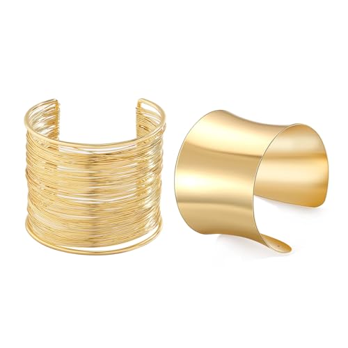 Generisch Gold Manschettenarmbänder für Damen, 2 Stück Offen breite Manschetten Armbänder Verstellbar Gold Offener Armreif Armband für Frauen Mädchen (Gold Armreif Set 4) von Generisch