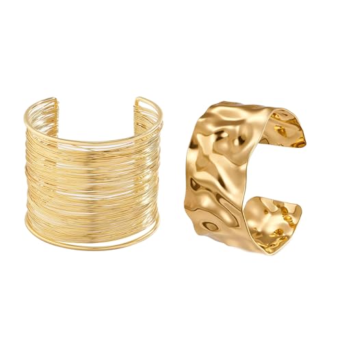 Generisch Gold Manschettenarmbänder für Damen, 2 Stück Offen breite Manschetten Armbänder Verstellbar Offener Armreif Armband für Frauen Mädchen (Gold Armreif Set) von Generisch