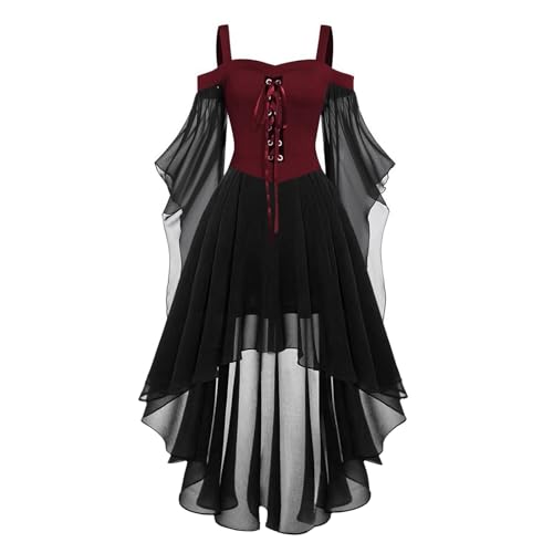 Generisch Gothic Kleidung Damen Abendkleider Damen Lang Spitzen Chiffon Cocktailkleid Langarm Ballkleid Frauen Off Shoulder Karneval Kostüm Piratenkostüm Spaghetti Kreuz Bandgae Kleid von Generisch