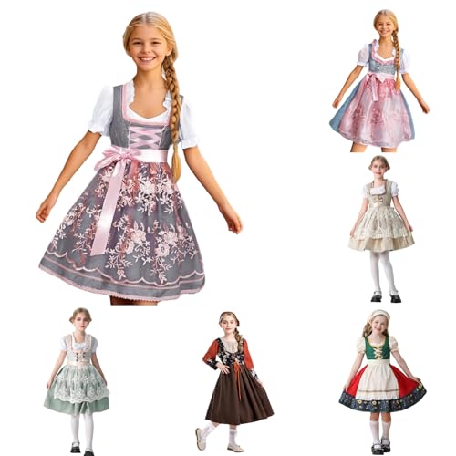 Generisch Grau Oktoberfest Kinder Outfit Dirndl Mädchen 110 Mit Bluse Und Schürze Kinderdirndl 3 Teilig Trachtenmode Mittelalter Kleidung Set Trachtenkleid Blumenkleid Girl Cosplay Outfits von Generisch