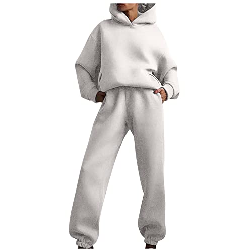 Generisch Graue Jogginghose Damen, Set Mode Solide Farbe Trainingsanzug Damen Baumwolle Sport Zweiteiliges Set Sweatshirt Mit Kapuze Set Fitness Outfit Jogginganzug 48 Set Hoodie Set (M, White) von Generisch