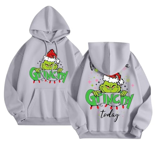 Generisch Grinch KostüM Erwachsene Lustige Weihnachtspullover Grinch Weihnachtspullover Damen Lustig üBergroßE Langarm Kapuzenpullover Mit Taschen Mode Weihnachten Grafik Backprint Sweatshirts von Generisch