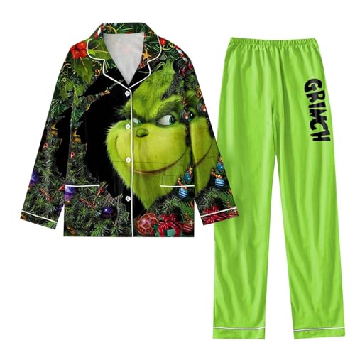 Generisch Grinch Pyjamahose Damen Weihnachts Pyjama Damen Herren Lustiger 3D Druck Schlafanzug Schlafanzughose Mit Taschen LäSsig Weihnachten Knopf Bis Langarm Weihnachten Pyjamahose Damen von Generisch