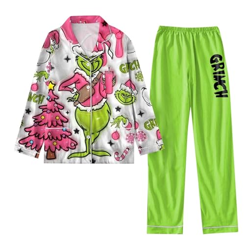 Generisch Grinch Pyjamahose Damen Weihnachts Pyjama Damen Herren Lustiger 3D Druck Schlafanzug Schlafanzughose Mit Taschen LäSsig Weihnachten Knopf Bis Langarm Weihnachtspyjama Damen von Generisch