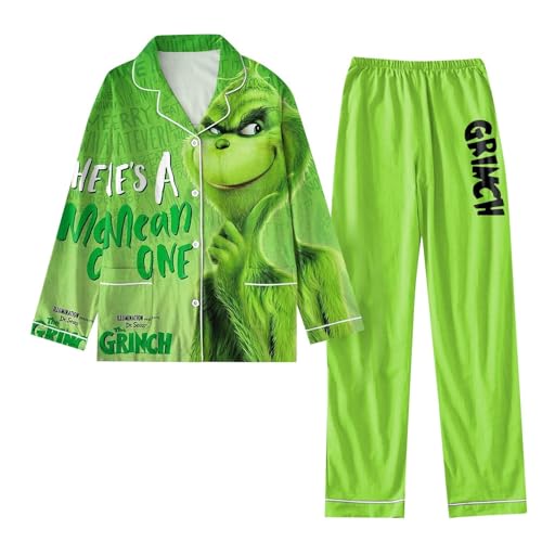 Generisch Grinch Schlafanzug Damen Herren Lustiger 3D Druck Schlafanzug Schlafanzughose Mit Taschen Lässig Weihnachten Knopf Bis Langarm Flanell Pyjama Damen Herren Weihnachten von Generisch
