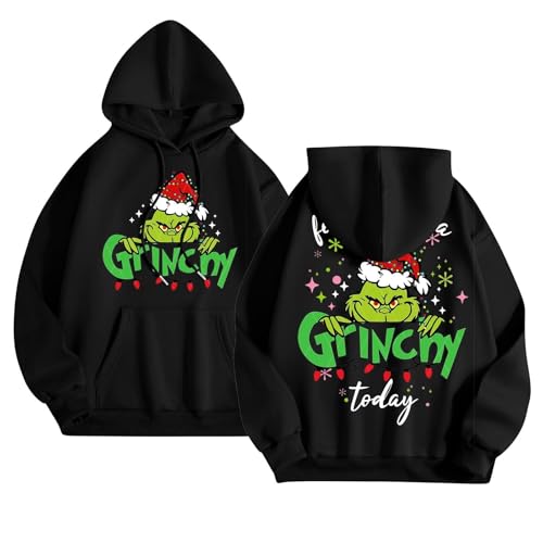 Generisch Grinch Tshirt Grinch Pullover Weihnachtspullover Damen Lustig Langarm Kapuzenpullover Mit Taschen übergroße Weihnachten Grafik Backprint Sweatshirts Lässig Kordelzug Kapuze Pullover Tops von Generisch