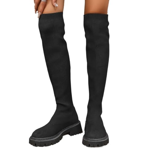 Generisch Größe Fliegen Strümpfe Stiefel Mode Runder Kopf Stiefel mit groben Absätzen (36,schwarz) von Generisch