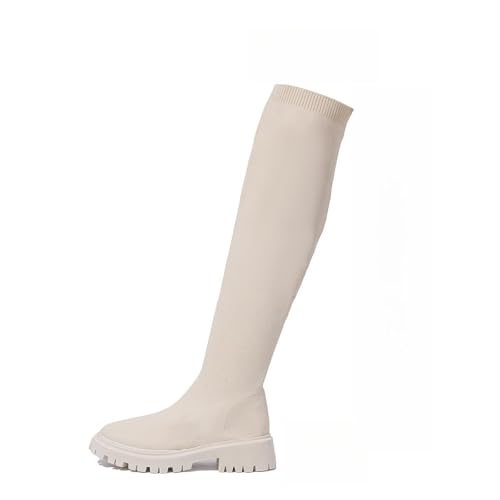 Generisch Größe Fliegen Strümpfe Stiefel Mode Runder Kopf Stiefel mit groben Absätzen (39,Beige Weiß) von Generisch