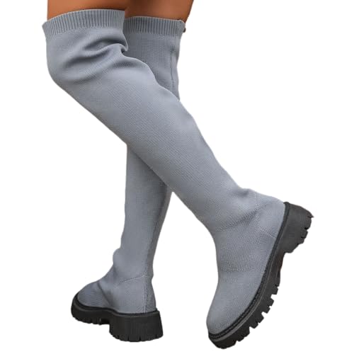 Generisch Größe Fliegen Strümpfe Stiefel Mode Runder Kopf Stiefel mit groben Absätzen (43,Grau) von Generisch