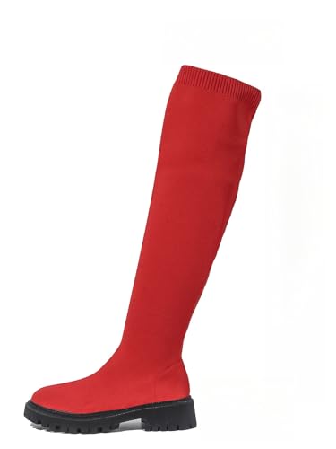 Generisch Größe Fliegen Strümpfe Stiefel Mode Runder Kopf Stiefel mit groben Absätzen (43,Rot) von Generisch