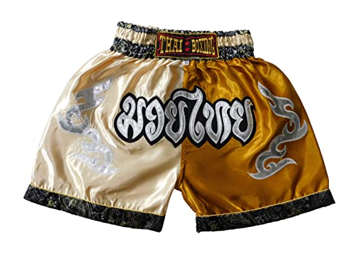 Generisch Grösse M Kinder Muay Thai Boxen Short Hose Pant MMA Kickboxen Jungen Mädchen Jugendliche Workout Junior Sport Gym Fitness Beige-Gold von Generisch