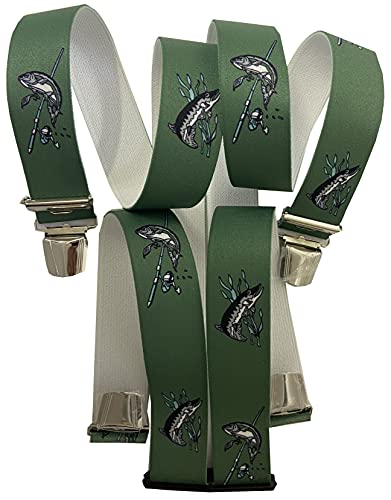 EDERER FISCHER Hosenträger ANGLER AUSTRIA-ÖSTERREICH - VIENNA-WIEN im FISCH-Design 35mm Breit in H-Form mit 4 extra starken Clips/Angler Hecht grün P-016 von EDERER
