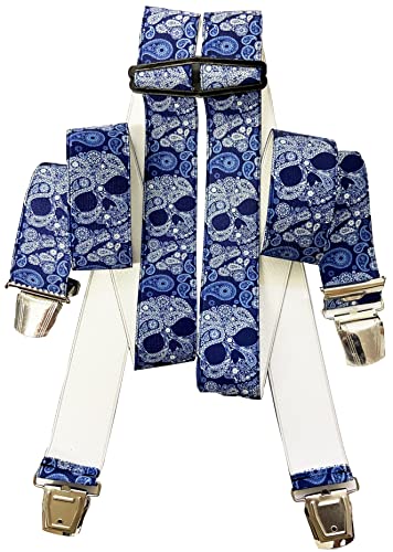 EDERER TOTENKOPF Hosenträger SEIDENGLÄNZEND | UNISEX| 4 starken Metallclips| 35mm breit-110 cm lang| Party| Fasching| Karneval| KS-Totenkopf blau G-001 von EDERER