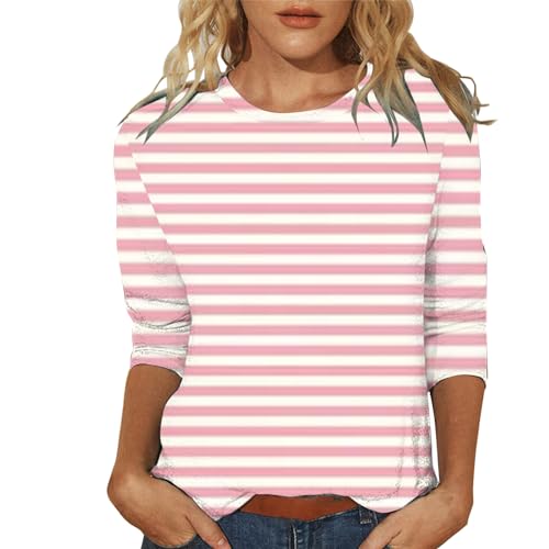 Generisch HUIFUAO Damen-T-Shirt, 3/4-Ärmel, gestreift, Farbblock, Rundhalsausschnitt, Sommer, Basic-Tops, T-Shirts für Frauen, T-Shirts für Frauen, lockere Passform, rose, X-Large von Generisch