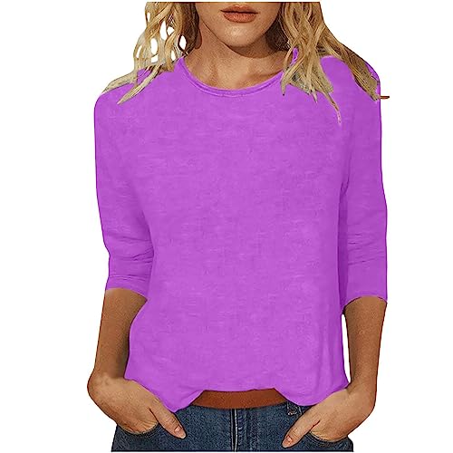 Generisch Angebote Damen HUIFUAO Damen-T-Shirts für Damen, lockere Passform, einfarbig, elegant, 3/4-Ärmel, Rundhalsausschnitt, weißes T-Shirt für Damen, Sommer-Basic-Top, A02 Purple, M von Generisch