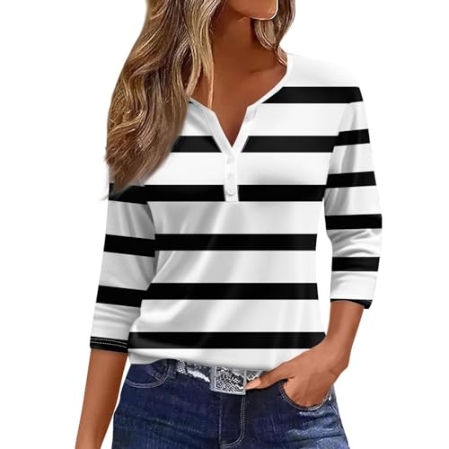 Generisch HUIFUAO Damen T-Shirt, V-Ausschnitt, 3/4-Ärmel, Gestreift, Farbblock-Top, Basic-Sommer, Lockere Passform, A02 Schwarz, M von Generisch