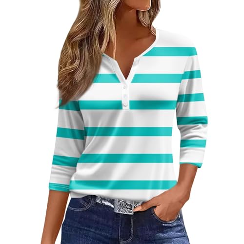 Angebot HUIFUAO T-Shirts für Damen, Knopf, V-Ausschnitt, 3/4-Ärmel, T-Shirts für Damen, gestreift, Farbblock-Top, Basic-Sommer-T-Shirts für Damen, lockere Passform, A02 blau, Small von Generisch