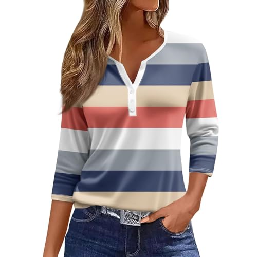 Generisch Angebote HUIFUAO T-Shirts für Damen, Knopf, V-Ausschnitt, 3/4-Ärmel, T-Shirts für Damen, gestreift, Farbblock-Top, Basic-Sommer-T-Shirts für Damen, lockere Passform, A03 Blau, M von Generisch