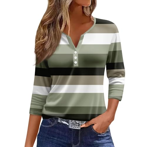 Bestellungenn HUIFUAO T-Shirts für Damen, Knopf, V-Ausschnitt, 3/4-Ärmel, T-Shirts für Damen, gestreift, Farbblock-Top, Basic-Sommer-T-Shirts für Damen, lockere Passform, A03 Mintgrün, X-Large von Generisch