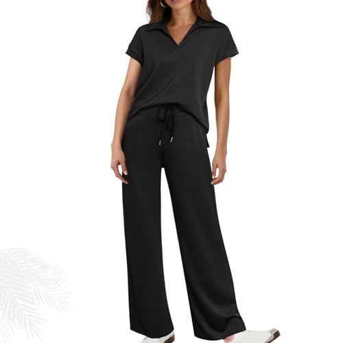 Generisch Hailoyearn 2-teiliges Sommer-Outfit für Damen, atmungsaktive und knitterfreie Trainingsanzug-Sets, Damen-Poloshirt und Hosen-Set (Schwarz,XXL) von Generisch