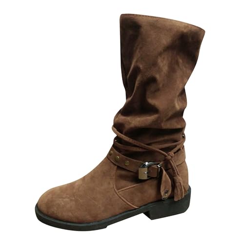Generisch Halbhohe Stiefel Damen Runde Zehen Winterstiefel Elegant Einfarbige Westernstiefel mit Reißverschluss Halbstiefel Boots Halbhoch Damenstiefel Schlupfschuhe Damenschuhe von Generisch