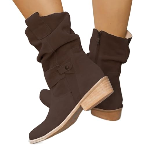 Generisch Halbhohe Stiefeletten Damen Cowboy Stiefel Damen Mit Absatz Reitstiefel Wildleder Lederstiefel Mit-Reißverschluss Motorradstiefel Elegant Damenstiefel Einfarbig Winterstiefel Bequeme von Generisch