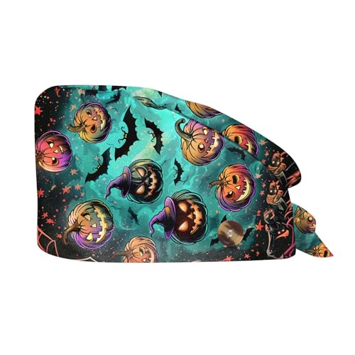 Generisch Halloween Drucken Op Haube Verstellbar Mit Knopf OP Haube Stoff Unisex Staubhauben Kappe Kopfhauben Kappe Bandana Kurze Haar Kochmütze Kopfhauben Schönheit Arbeitskappe Headwear Turban Cap von Generisch