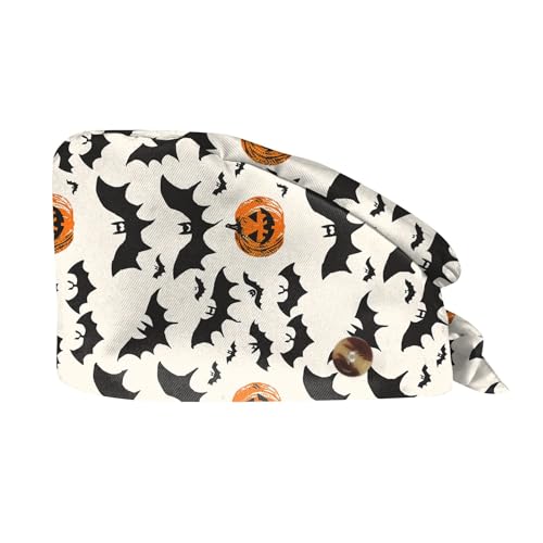Generisch Halloween Drucken Op Haube Verstellbar Mit Knopf OP Haube Stoff Unisex Staubhauben Kappe Kopfhauben Kappe Bandana Kurze Haar Kochmütze Kopfhauben Schönheit Arbeitskappe Headwear Turban Cap von Generisch