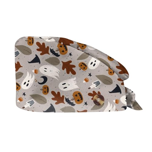 Generisch Halloween Drucken Op Haube Verstellbar Mit Knopf OP Haube Stoff Unisex Staubhauben Kappe Kopfhauben Kappe Bandana Kurze Haar Kochmütze Kopfhauben Schönheit Arbeitskappe Headwear Turban Cap von Generisch