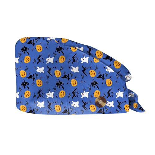 Generisch Halloween Drucken Op Haube Verstellbar Mit Knopf OP Haube Stoff Unisex Staubhauben Kappe Kopfhauben Kappe Bandana Kurze Haar Kochmütze Kopfhauben Schönheit Arbeitskappe Headwear Turban Cap von Generisch