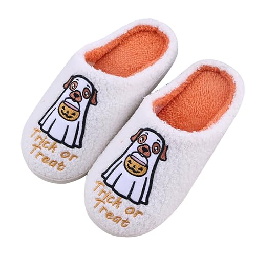 Generisch Halloween Hausschuhe Damen Gefütterte Hauspatschen Damen Hund Home Warm Indoor Paar Halloween Baumwollpantoffeln Filzhausschuhe für Herren (White,42) von Generisch