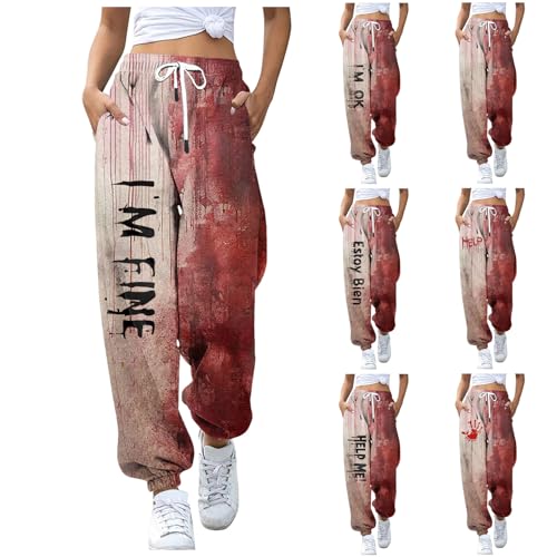 Generisch Halloween Jogginghose Damen, Sporthose Damen Lang I'm Fine Blood Jogginghose mit Taschen Festival High Waist Blutspritzer Trainingshose Halloween Kostüm Kordelzug Jogging Hose Sweatpants von Generisch