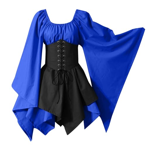 Generisch Halloween Kleid Damen Halloween Kostüm Damen Hexe Große Größen Plus Size Dress Frauen Oberteil Goth Lang Hexenkleid Adult Outfit Mittelalter Kleidung 2#blau XXL von Generisch